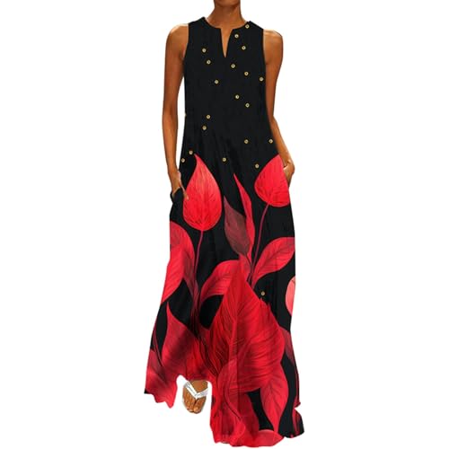 Ydsxlp Sommerkleider Damen Böhmischer Sommerlanges Strandkleider Große Größen V-Ausschnitt Ärmellose Partykleid Freizeitkleid Blumen Drucken Leichte Lässige Lange Kleider mit Taschen(C Rot,XXL) von Ydsxlp