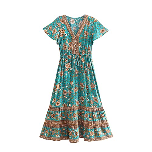 Ydsxlp Sommerkleider Damen Boho Blumen Sommer Lang Kleider V-Ausschnitt Kurzarm Strandkleider Lässige Retro Knielang Partykleid Festkleid Elegant Maxikleid Urlaubskleid mit Gürtel(A Grün,S) von Ydsxlp