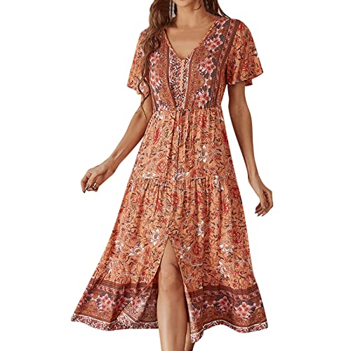 Ydsxlp Sommerkleider Damen Boho Blumen Sommer Lang Kleider V-Ausschnitt Kurzarm Strandkleider Lässige Retro Knielang Partykleid Festkleid Elegant Maxikleid Urlaubskleid mit Gürtel(H Orange,S) von Ydsxlp