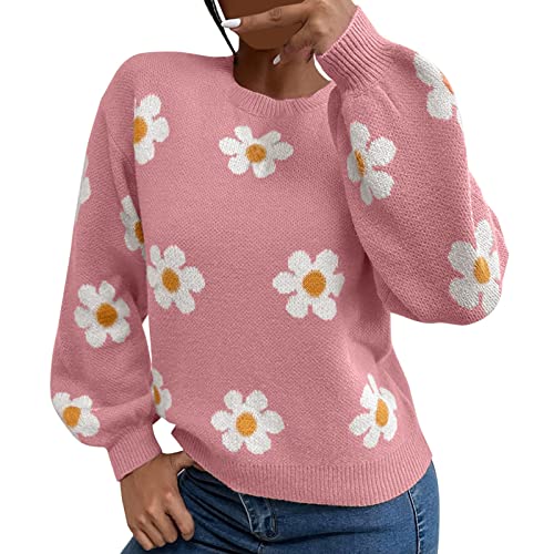 Ydsxlp Strickpullover Damen Sweater mit Blumen Drucken Strickpulli Langarm Bequem Warme Rundhals Winterpullover Pullover Gestrickte Sweatshirt für Party im Herbst Winter(AB-Rosa,L) von Ydsxlp