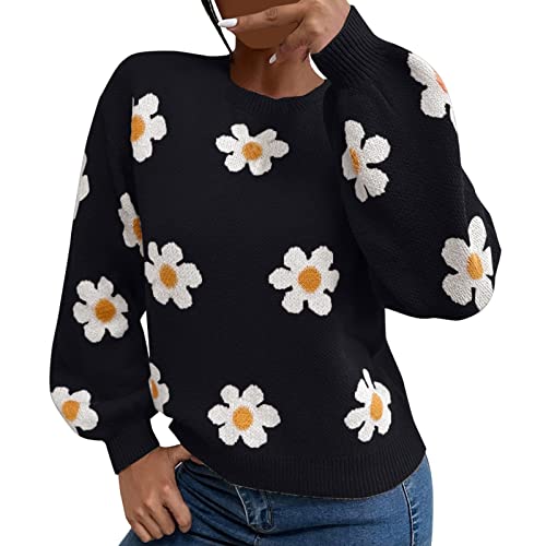 Ydsxlp Strickpullover Damen Sweater mit Blumen Drucken Strickpulli Langarm Bequem Warme Rundhals Winterpullover Pullover Gestrickte Sweatshirt für Party im Herbst Winter(AB-Schwarz,S) von Ydsxlp