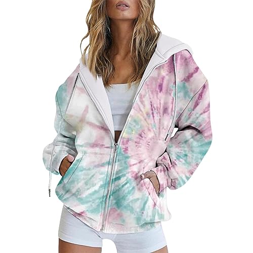 Ydsxlp Sweatjacke Damen Winter Vintage Farbverlauf Print Sweatshirt College Jacke Übergangsjacke Oversize Kapuzenjacke Zipper Hoodie Hoody Mit Kapuze Frauen Kaputzenpullis(A Grün,XL) von Ydsxlp