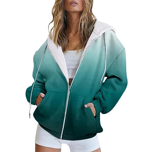 Ydsxlp Sweatjacke Damen Winter Vintage Farbverlauf Print Sweatshirt College Jacke Übergangsjacke Oversize Kapuzenjacke Zipper Hoodie Hoody Mit Kapuze Frauen Kaputzenpullis(F Grün,XL) von Ydsxlp