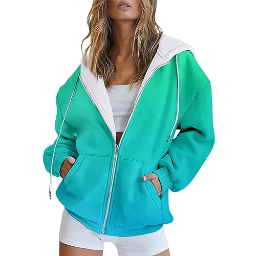 Ydsxlp Sweatjacke Damen Winter Vintage Farbverlauf Print Sweatshirt College Jacke Übergangsjacke Oversize Kapuzenjacke Zipper Hoodie Hoody Mit Kapuze Frauen Kaputzenpullis(F Mintgrün,3XL) von Ydsxlp