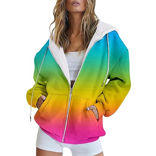 Ydsxlp Sweatjacke Damen Winter Vintage Farbverlauf Print Sweatshirt College Jacke Übergangsjacke Oversize Kapuzenjacke Zipper Hoodie Hoody Mit Kapuze Frauen Kaputzenpullis(F Rot,S) von Ydsxlp