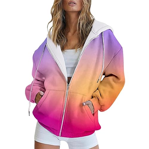 Ydsxlp Sweatjacke Damen Winter Vintage Farbverlauf Print Sweatshirt College Jacke Übergangsjacke Oversize Kapuzenjacke Zipper Hoodie Hoody Mit Kapuze Frauen Kaputzenpullis(F Violett,3XL) von Ydsxlp