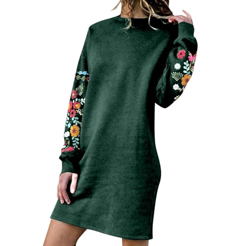 Ydsxlp Sweatkleid Damen Große Größen Einfarbig Langarm Sweatshirt Kleider Locker Casual Blusenkleid Herbstkleid Blumen Bestickt Pulloverkleid Rundhals Knielang Freizeitkleid(A AG,4XL) von Ydsxlp