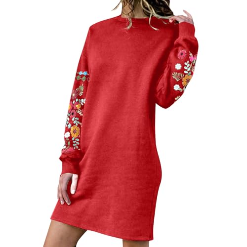 Ydsxlp Sweatkleid Damen Große Größen Einfarbig Langarm Sweatshirt Kleider Locker Casual Blusenkleid Herbstkleid Blumen Bestickt Pulloverkleid Rundhals Knielang Freizeitkleid(A Rot,L) von Ydsxlp