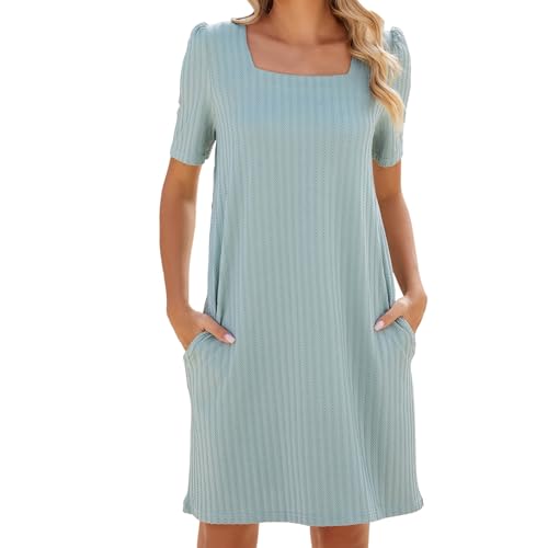 Ydsxlp T-Shirt Kleider Damen Sommer Quadratischem Ausschnitt Kurzarm Freizeitkleid Knielang Casual Shirtkleider Kurz Sommerkleid Strandkleid Leicht A-Linie Loose Swing-Kleid mit Taschen(A Grün,XL) von Ydsxlp