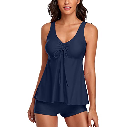Ydsxlp Tankini Damen Bauchweg Bademode Set Push Up Oberteil mit Badeshorts Vintage Blumen Drucken Zweiteiler Badeanzug V-Ausschnitt mit Kordelzug Swimsuit Strandkleidung für Damen(F Dunkelblau,L) von Ydsxlp