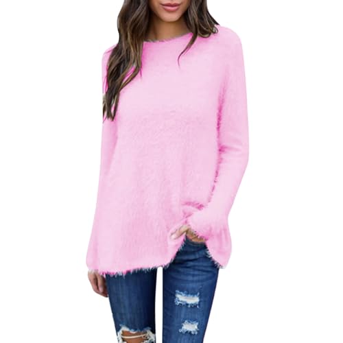 Ydsxlp Teddy-Fleece Pullover Damen Basic Einfarbig Langarm Warm Sweatshirt Oversize Fleece Sweaterpullover Herbst Winter Casual Lose Langarmshirt Oberteil Sport Sweater Streetwear(A Rosa,5XL) von Ydsxlp