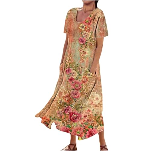 Ydsxlp Tshirt Kleider Damen Blumen Druck Lange Sommerkleid Strandkleider Casual Kurzarm U-Ausschnitt Maxikleid Große Größen Locker Tunika Blusenkleid Lose Freizeitkleid mit Taschen(C Orange,3XL) von Ydsxlp