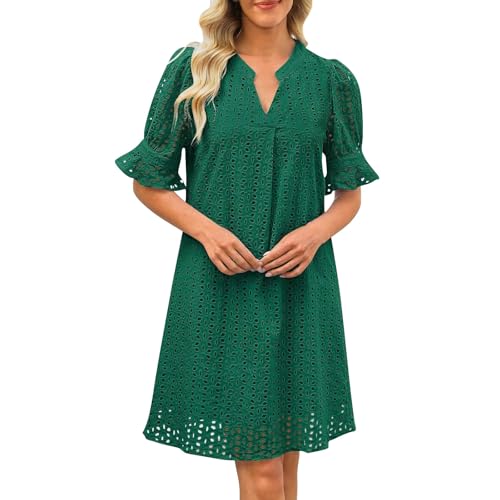 Ydsxlp Tshirt Kleider Damen Elegant Einfarbig Knielang Sommerkleid Mit Ösen Freizeitkleider Häkel Spitze Blusenkleid Casual Kurzarm V Ausschnitt Strandkleider A Linie Swing Kleider(B Grün,S) von Ydsxlp