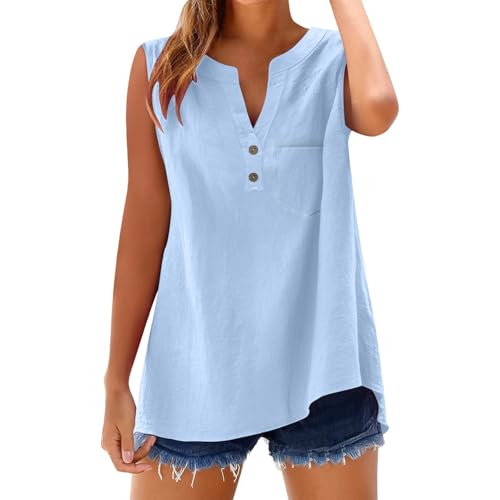 Ydsxlp Unterhemd Damen Lässiges V-Ausschnitt Leinen Tank Tops Summer Elegante Einfarbig Ärmellose Weste Große Größen Baumwolle Leinenbluse mit Knöpfen Bequeme Luftige Trägertop(A BU1,4XL) von Ydsxlp