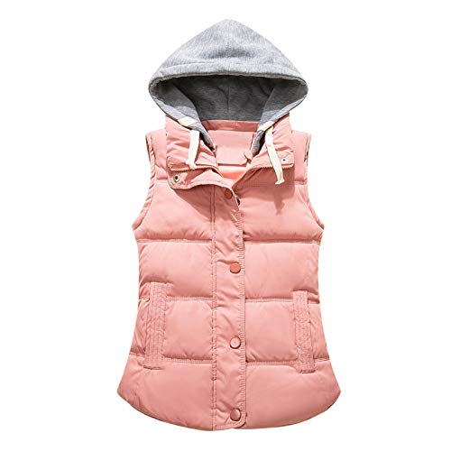 Ydsxlp Weste Damen Übergang Parka Einfarbige Reißverschluss Outdoor Weste Steppjacke Übergangsjacke Steppweste Mit Taschen Mantel Mit Abnehmbarer Kapuze (Pink, XXXXL) von Ydsxlp