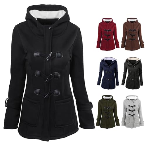 Ydsxlp Wintermantel Damen Lässige Hornknöpfe Fleece Winterjacke Winter Winddicht Warm Fleecemantel Kapuzenjacke Teddyjacke Elegant Einfarbig Wollmäntel Oberbekleidung mit Taschen(A Schwarz,XL) von Ydsxlp