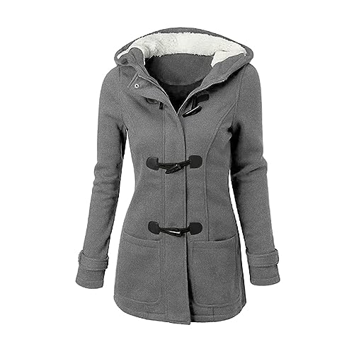 Ydsxlp Wintermantel Damen Lässige Hornknöpfe Fleece Winterjacke Winter Winddicht Warm Fleecemantel Kapuzenjacke Teddyjacke Elegant Einfarbig Wollmäntel Oberbekleidung mit Taschen(F Grau,6XL) von Ydsxlp