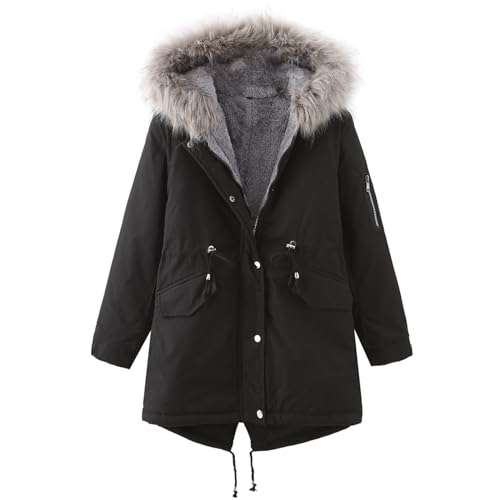 Ydsxlp Wintermantel Damen Lange Winter Warm Winterjacke Basic Einfarbig Steppjacke Casual Lose Jacke Oversized Fleecefutter Mantel Parka mit Fell Kapuze Winterparka Kunstfellkragen(G BK1,3XL) von Ydsxlp