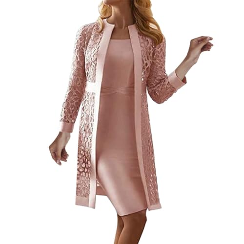 Ydsxlp Zweiteiliges Set Kleider Damen Einfarbige Partykleid + Langarm Spitze Cardigan Jacke Ärmellose Ballkleid mit Rundhals Abendkleid Cocktailkleid Abiballkleid Brautjungfern Kleid(A Rosa,4XL) von Ydsxlp