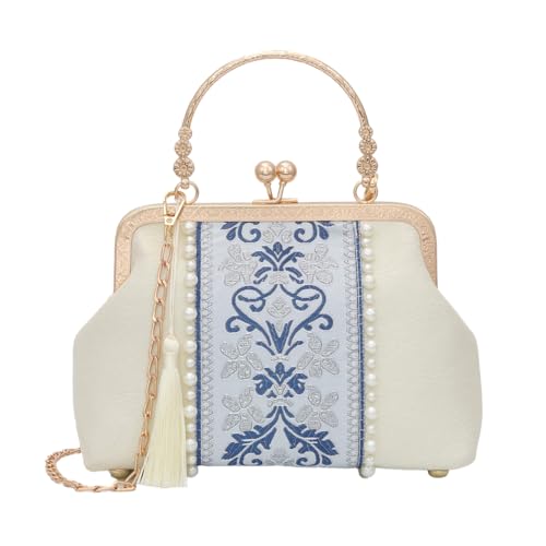 YeBon Retro Shoulder Chain Messenger Clutch Chinese Style Crane Embroidered Jacquard Women's Evening Bags (Pearl White) von YeBon