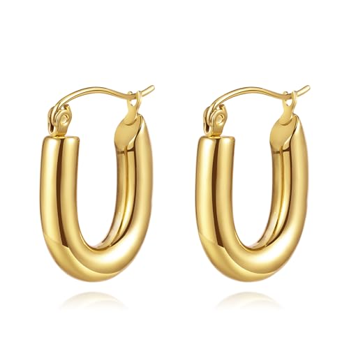 YeGieonr Gold Creolen für Damen, Leichte Edelstahl Verdrehte Rechteckige Ohrringe mit 18K Echtem Vergoldete, Hypoallergen Modeschmuckgeschenke für Frauen und Mädchen (Huggie E) von YeGieonr