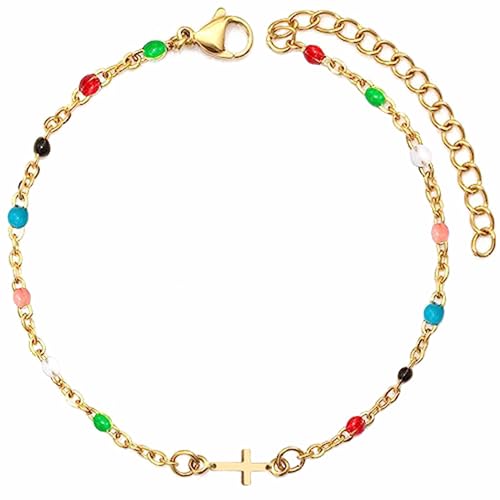 YeGieonr Gold Evil Eye Armband für Damen, 18K Vergoldetes Edelstahl Schutz Armband Fußkettchen, Personalisiert Schmuckgeschenk für Frauen und Mädchen (Colorful Cross) von YeGieonr