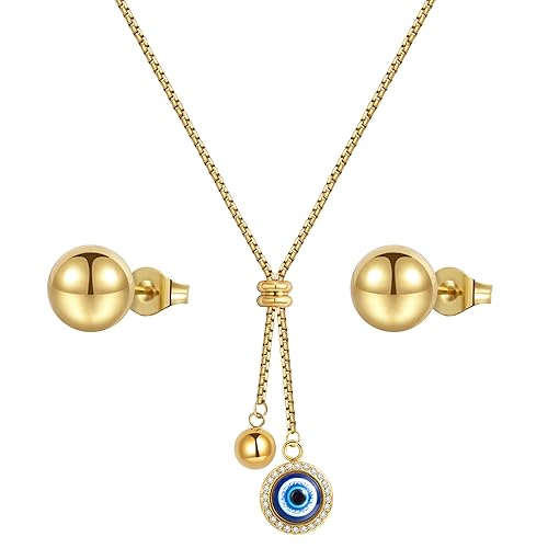 YeGieonr Schmuckset Damen,18K Vergoldet Edelstahl Evil Eye Pulloverkette Ohrringe Set, Hypoallergen Lange Tropfen Halskette Kette für Frauen und Mädchen von YeGieonr