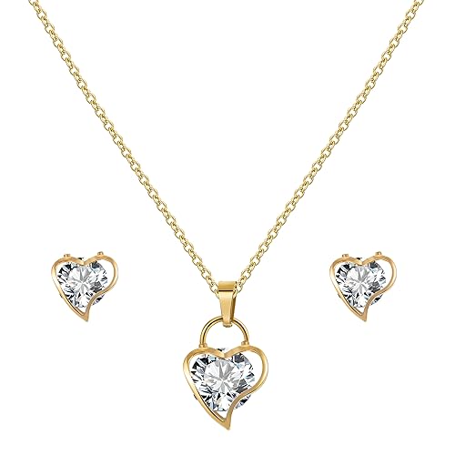 YeGieonr Schmuckset Damen,18K Vergoldet Edelstahl Herz Halskette Ohrringe Schmuck Set mit AAAAA Zirkonia, Hypoallergen Modeschmuck Geschenke für Frauen und Mädchen von YeGieonr