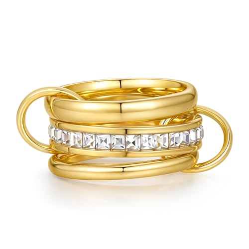YeGieonr Stapelringe Damen Gold – Anlaufbeständiger Edelstahl Ring Frauen, Gold Linked Ring Set, Wasserfeste Modeschmuck Ringe Stack (3er, 55(17.3)) von YeGieonr