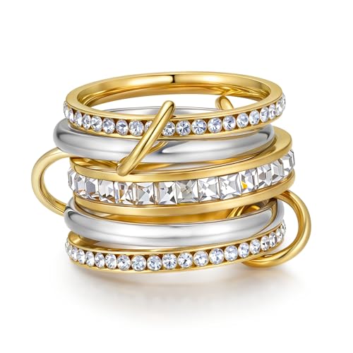 YeGieonr Stapelringe Damen Gold – Anlaufbeständiger Edelstahl Ring Frauen, Gold Linked Ring Set, Wasserfeste Modeschmuck Ringe Stack (5er, 49(15.7)) von YeGieonr
