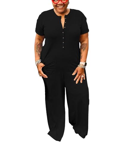 YeGine Kurzärmeliger Jumpsuit für Damen, Übergröße, lässiger Strampler, einteilig, Knopfleiste, weites Bein, 2-Schwarz, XX-Large Mehr von YeGine