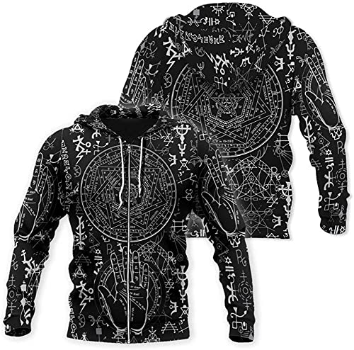 Satanic Hoodie 3D bedruckt okkult Satan Pentagramm Rune Tattoo Pullover Langarm schwarzer Herbst Gothic Streetwear Dünne Jacke (Color : Zip Hoodie, Size : XL) von YeSbTx