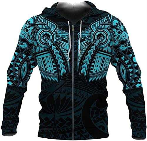 Viking Wolf Drache Tattoo Herren Hoodie, 3D -Druck nordische Mythologie Mode Lose Kapuze Sweatshirt Oversize Paar Pullover Autumn Casual Reißverschluss Jacke ( Color : Blue Hoodie Zip , Size : 7XL ) von YeSbTx