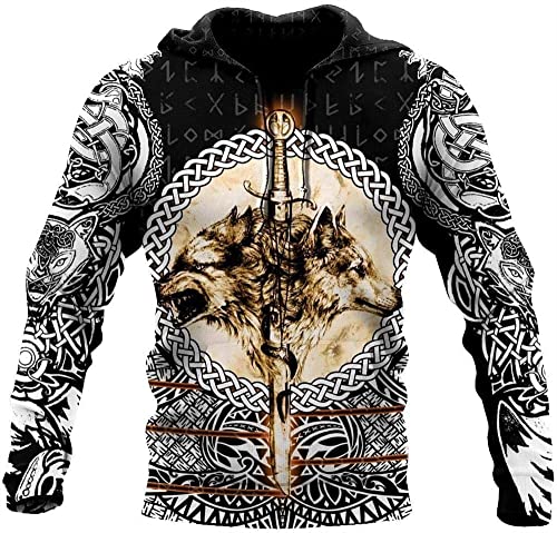 YeSbTx Nordische Mythologie Odin Tattoo 3D gedrucktes Sweatshirt, DIY Wikingerkostüm, Celtic Wolf Rune cool neutral Harajuku Street Herren Viking Pullover (Color : Hoodie, Size : 4XL) von YeSbTx