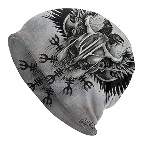 YeSbTx Print Hat Beanie Strickmütze Wikinger Herren Damen Wikinger Stil Strickmütze Winter Warme Mütze Beanie Mütze Nordisches Geschenk, Radfahren Skimütze Doppelter Stoff Amulettmütze von YeSbTx