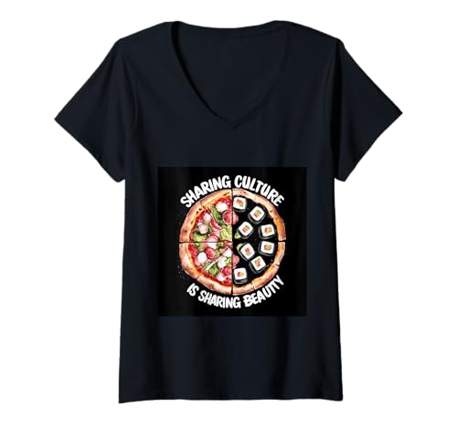 Damen Toleranz & Akzeptanz Spruch mit Pizza & Sushi T-Shirt mit V-Ausschnitt von !!!Yeah Akzeptanz Designz