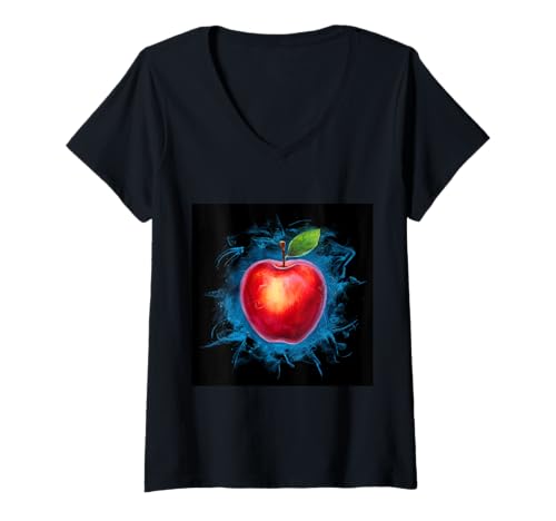 Damen Leuchtender Apfel T-Shirt mit V-Ausschnitt von !!!Yeah Apfel Designz