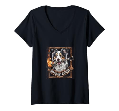 Damen Border Collie mit Gitarre für Musiker und Musik Fans T-Shirt mit V-Ausschnitt Damen Border Collie mit Gitarre für Musiker und Musik Fans T-Shirt mit V-Ausschnitt von !!!Yeah Border Collie Designz