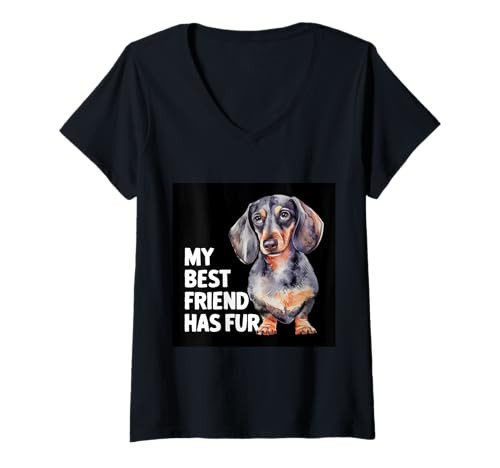 Damen Putziger Dackel mit Spruch My best friend has fur T-Shirt mit V-Ausschnitt Damen Putziger Dackel mit Spruch My best friend has fur T-Shirt mit V-Ausschnitt von !!!Yeah Dackel Designz
