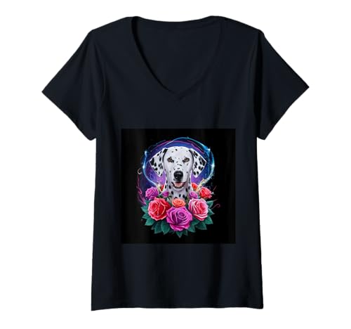 Damen Dalmatiner Hund mit kräftigen Rosen T-Shirt mit V-Ausschnitt von !!!Yeah Dalmatiner Designz