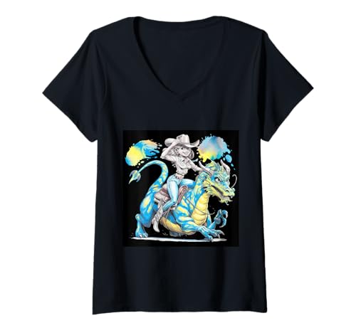 Damen Niedlicher Drache mit Cowgirl T-Shirt mit V-Ausschnitt Damen Niedlicher Drache mit Cowgirl T-Shirt mit V-Ausschnitt von !!!Yeah Drache Designz