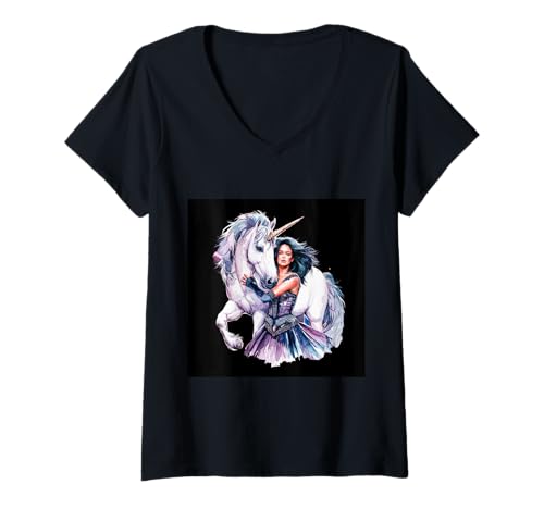 Damen Magisches Einhorn mit schöner Frau T-Shirt mit V-Ausschnitt Damen Magisches Einhorn mit schöner Frau T-Shirt mit V-Ausschnitt von !!!Yeah Einhorn Designz