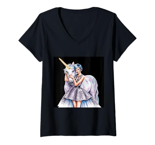 Damen Magisches Einhorn mit schöner Frau T-Shirt mit V-Ausschnitt von !!!Yeah Einhorn Designz