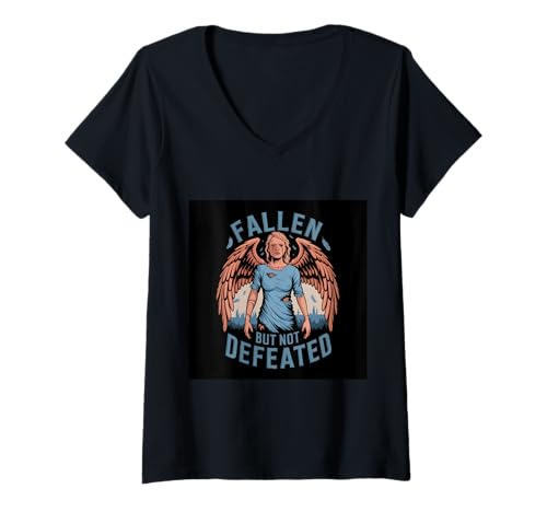Damen Inspirirender Engel mit Spruch "Fallen but not defeated" T-Shirt mit V-Ausschnitt von !!!Yeah Engel Designz