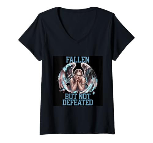 Damen Inspirirender Engel mit Spruch Fallen but not defeated T-Shirt mit V-Ausschnitt von !!!Yeah Engel Designz
