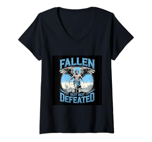 Damen Inspirirender Engel mit Spruch "Fallen but not defeated" T-Shirt mit V-Ausschnitt von !!!Yeah Engel Designz