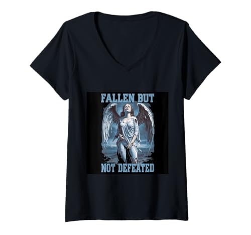 Damen Inspirirender Engel mit Spruch "Fallen but not defeated" T-Shirt mit V-Ausschnitt von !!!Yeah Engel Designz