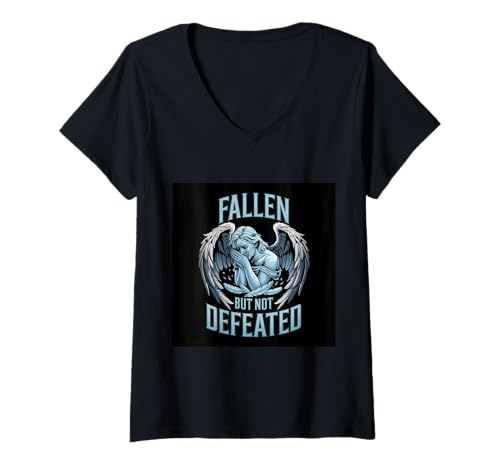 Damen Inspirirender Engel mit Spruch "Fallen but not defeated" T-Shirt mit V-Ausschnitt von !!!Yeah Engel Designz