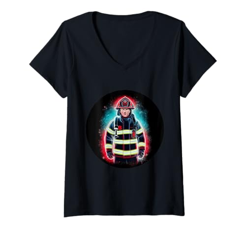 Damen Farbenfroher Feuerwehrmann T-Shirt mit V-Ausschnitt Damen Farbenfroher Feuerwehrmann T-Shirt mit V-Ausschnitt von !!!Yeah Feuerwehrmann Designz