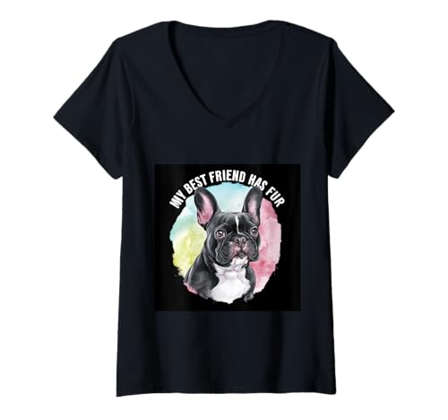 Damen Französische Bulldogge mit Spruch My best friend has fur T-Shirt mit V-Ausschnitt Damen Französische Bulldogge mit Spruch My best friend has fur T-Shirt mit V-Ausschnitt von !!!Yeah Französische Bulldogge Designz
